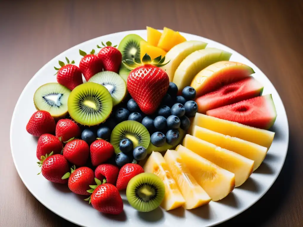 Un festín de frutas vibrantes y frescas en un plato blanco minimalista