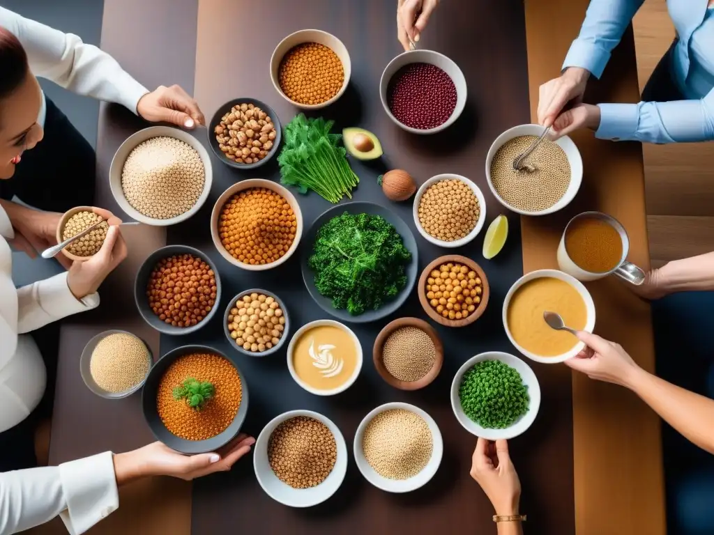 Un festín de fuentes proteínas veganas equilibradas en una mesa moderna, con gente diversa sonriendo y conversando feliz