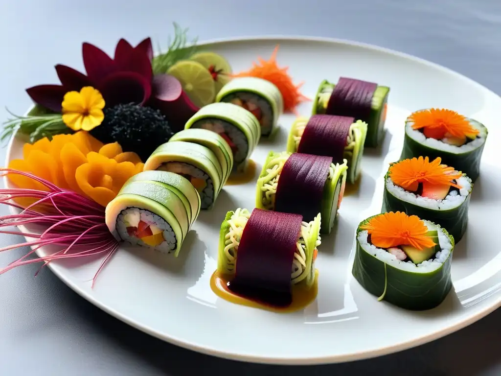 Un festín gourmet crudo vegano internacional con sushi de verduras, ensalada de zoodles y ceviche de frutas exóticas