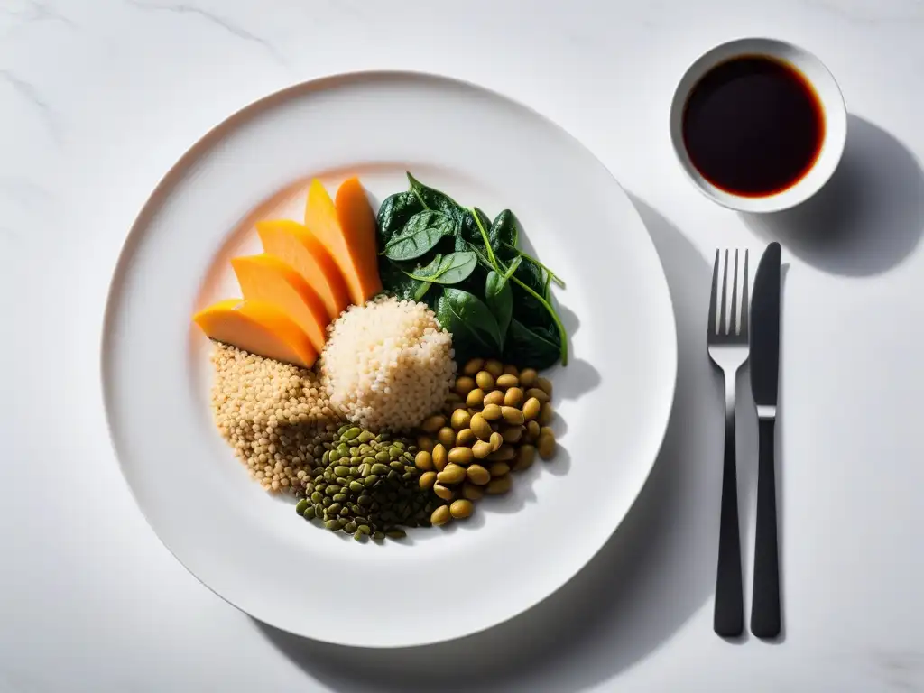 Un festín de hierro vegano: lentejas, tofu, espinacas, quinoa y semillas de calabaza en un elegante plato blanco