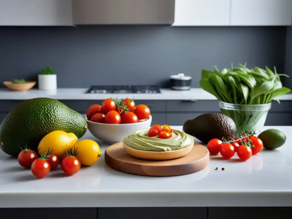 Un festín de ingredientes frescos y coloridos sobre una encimera de cocina moderna