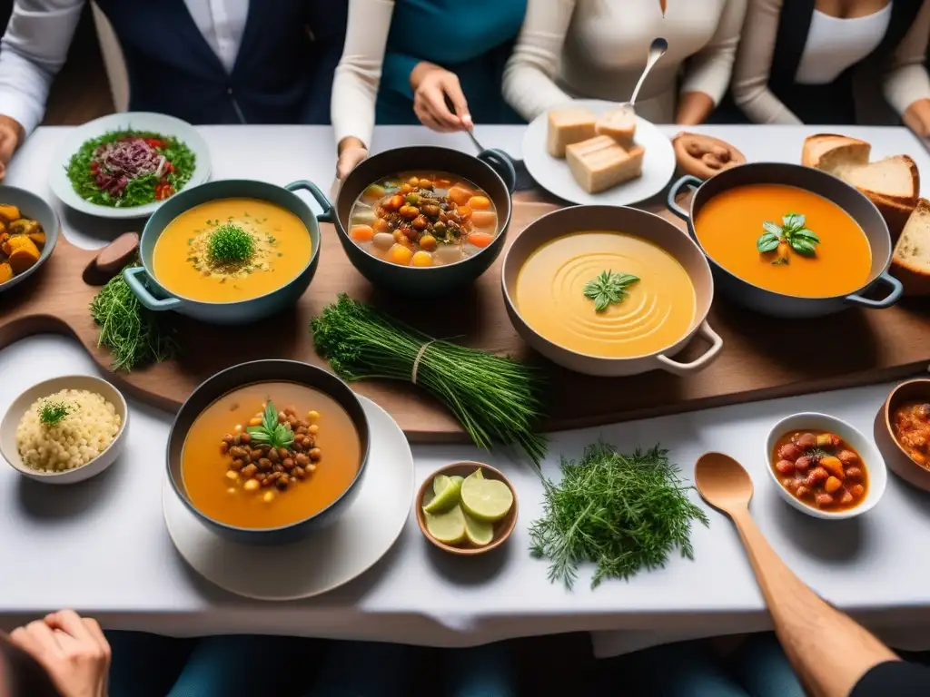 Un festín invernal con recetas veganas de sopas y guisos, amigos y familia compartiendo risas alrededor de la mesa