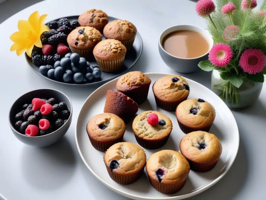 Un festín matutino energético con muffins veganos en una mesa decorada con amor