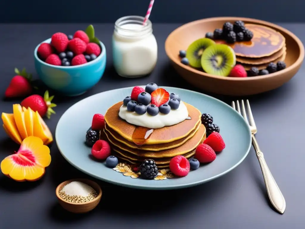 Un festín matutino vegano con desayunos fermentados probióticos: bowl de açaí, kéfir de coco y pancakes de masa madre