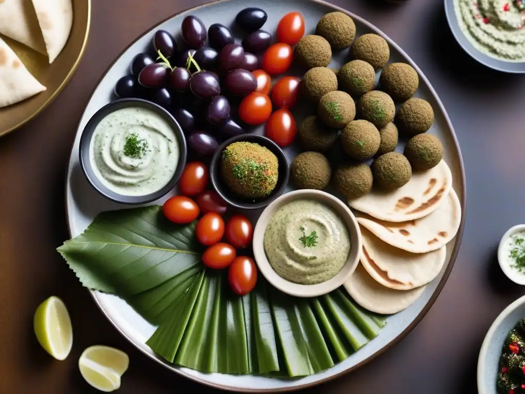 Un festín mediterráneo vegano: falafel dorado, hummus con aceite de oliva, tabulé fresco y hojas de parra rellenas con tzatziki