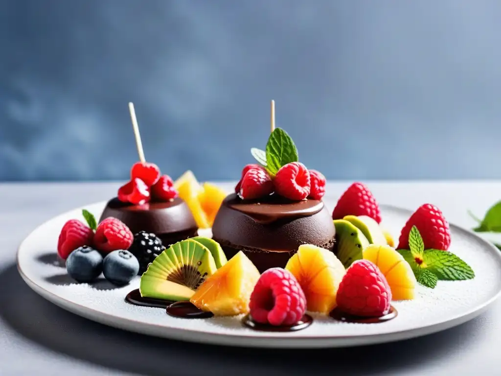 Un festín de postres veganos sin gluten: mousse de chocolate con aguacate, frutas en brochetas y macarrones de coco