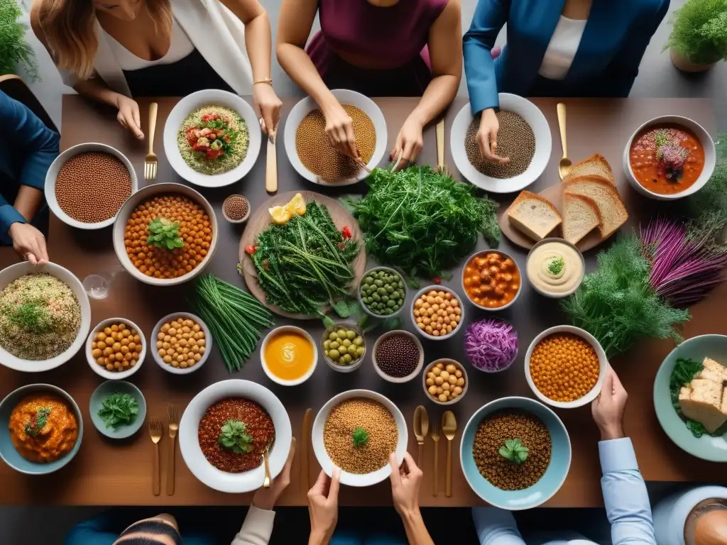 Un festín de proteínas invisibles en dieta vegana: diversidad, color y sofisticación en mesa elegante