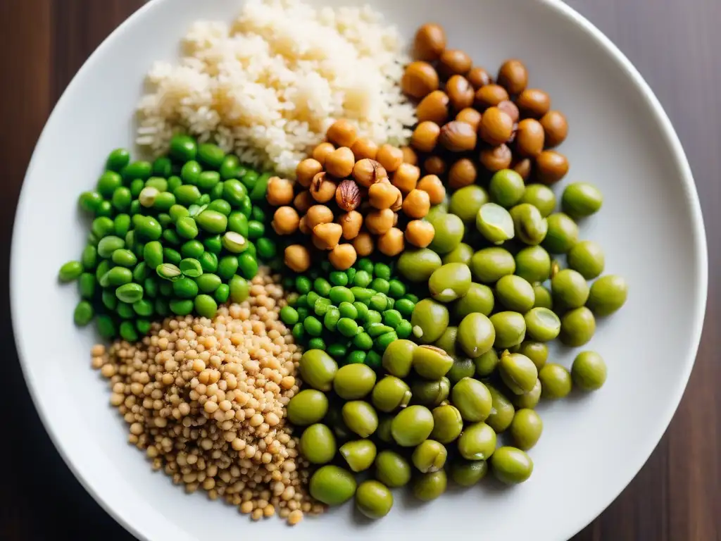 Un festín de proteínas vegetales sin carne en un plato blanco moderno, con quinoa, garbanzos, tofu y más, listo para saborear