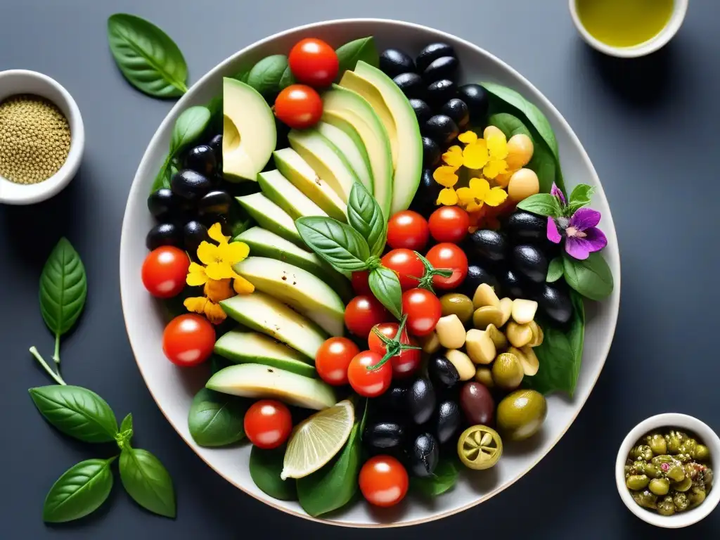 Un festín de sabores mediterráneos veganos con ensaladas vibrantes y coloridas