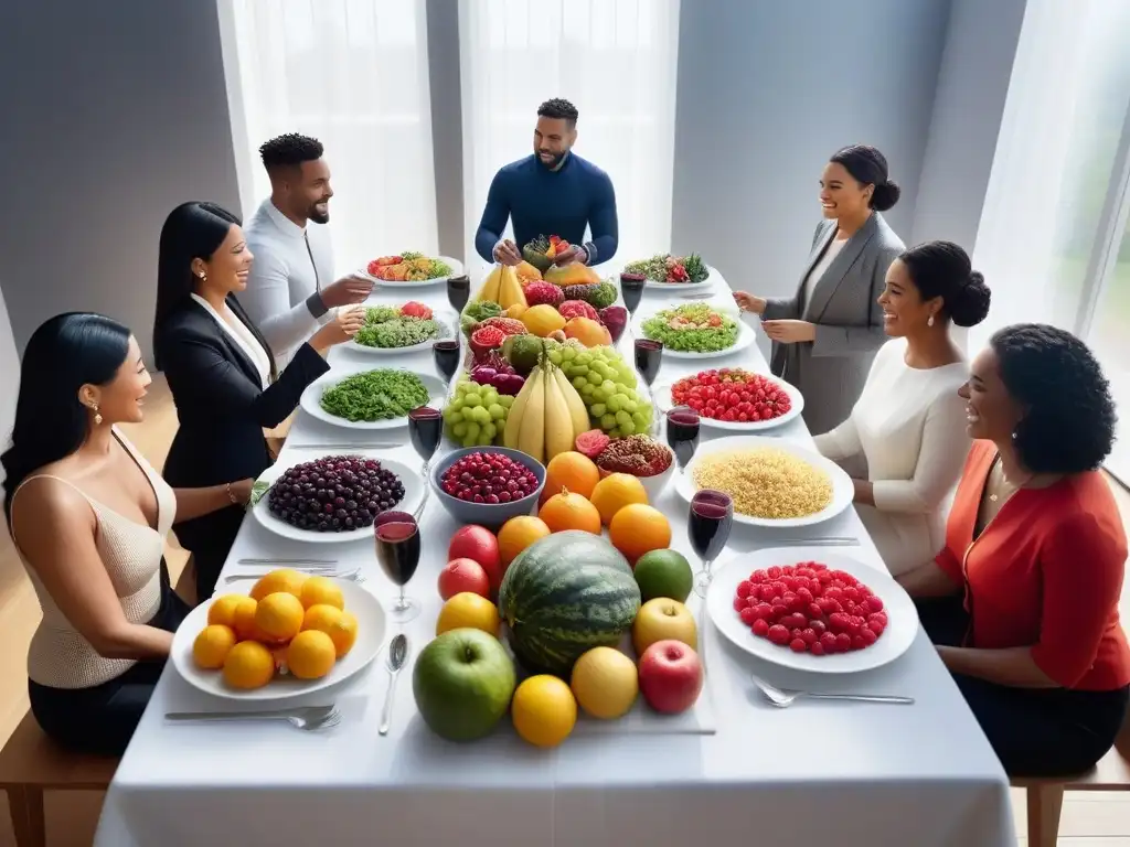 Un festín saludable y colorido con diversidad de personas disfrutando de alimentos frescos en un ambiente vibrante