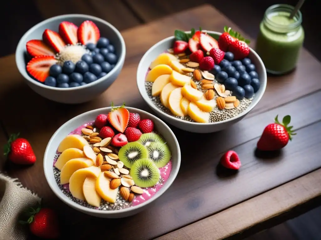 Un festín de smoothie bowls coloridos sobre mesa de madera rústica