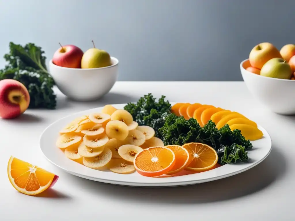 Un festín de snacks saludables deshidratados veganos: coloridas frutas y verduras en una presentación vibrante y apetitosa