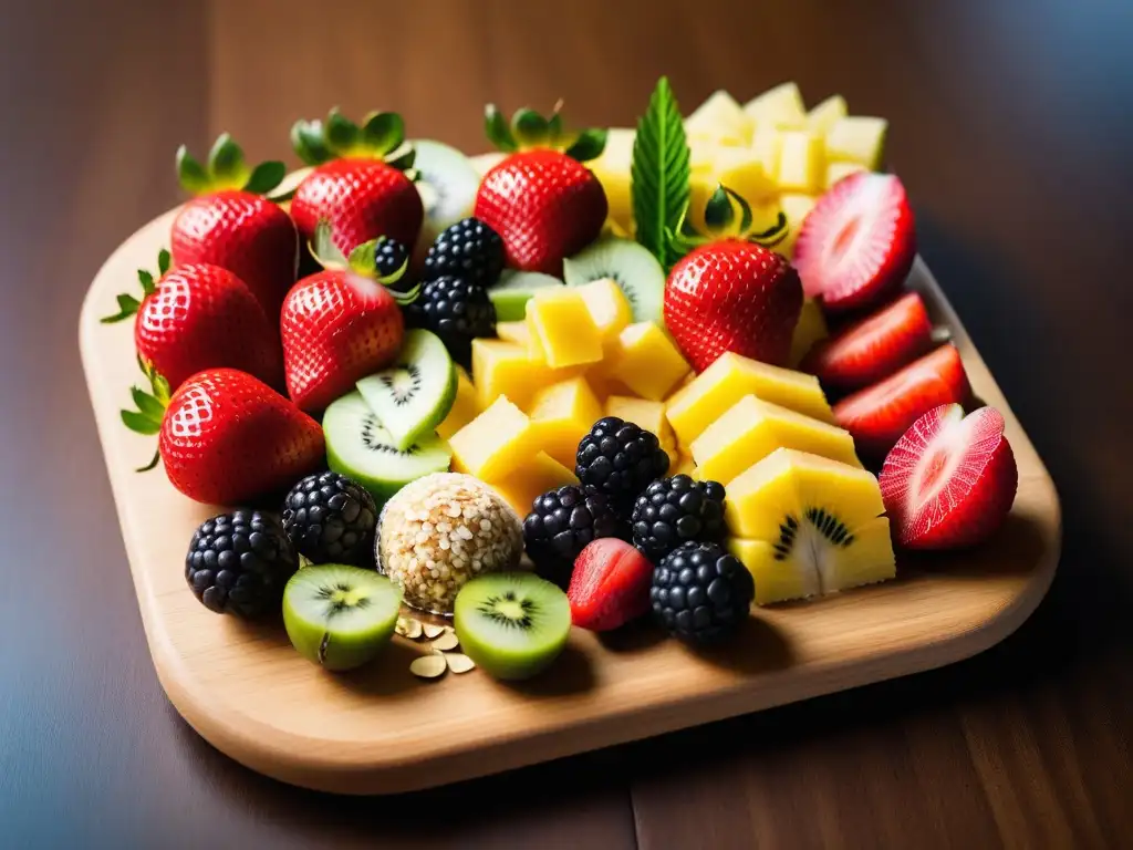 Un festín de snacks veganos crudos saludables: frutas frescas, energéticas bolitas y decoración natural en plato de madera