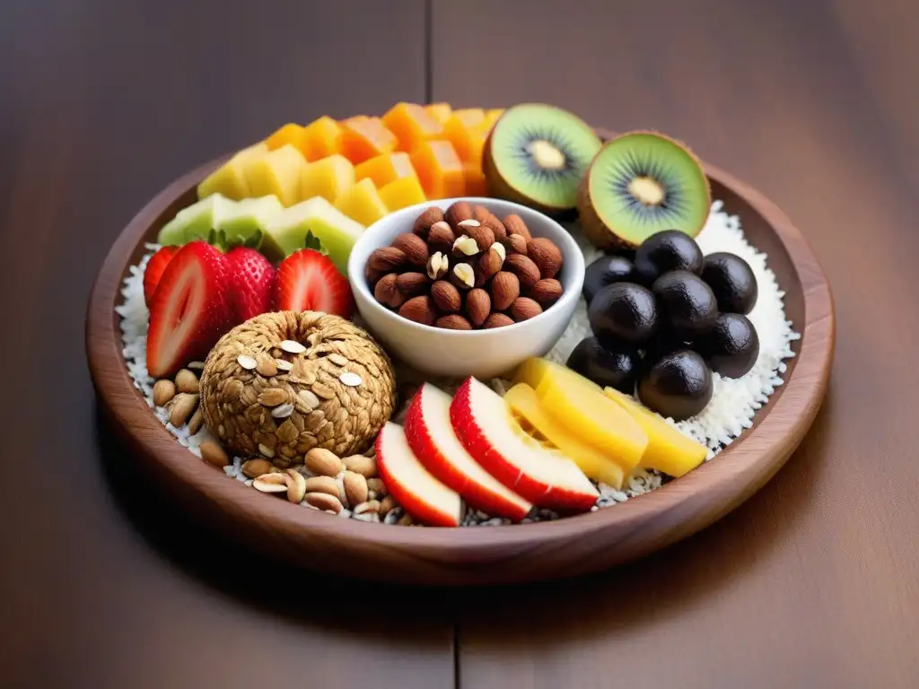 Un festín de Snacks veganos crudos saludables: frutas frescas, nueces y energéticas bolitas de energía, en una elegante bandeja de madera
