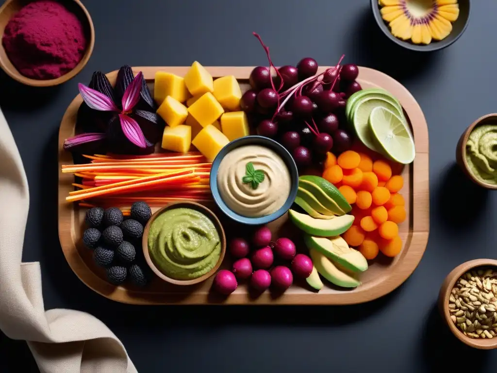 Un festín de snacks veganos nutritivos energía en una elegante bandeja de madera