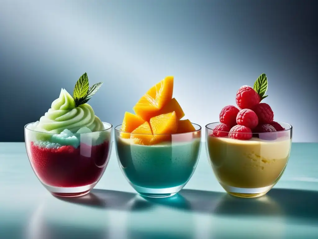 Un festín de sorbetes veganos refrescantes en elegantes cuencos de cristal, con decoraciones de frutas y flores