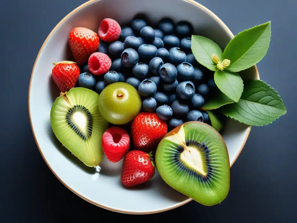 Un festín de superalimentos en cocina vegana sostenible: frutas vibrantes, nueces y hojas verdes, radiantes y frescos