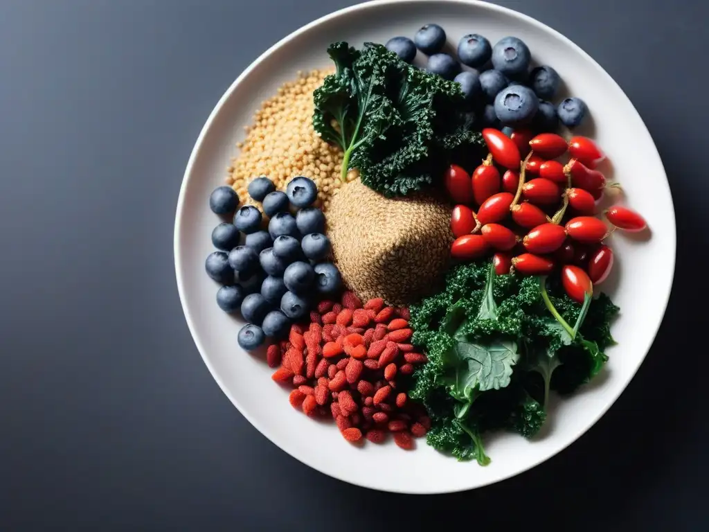 Un festín de superfoods veganos en dieta equilibrada, con bayas de goji, semillas de chía, kale, arándanos y quinoa en un plato blanco moderno