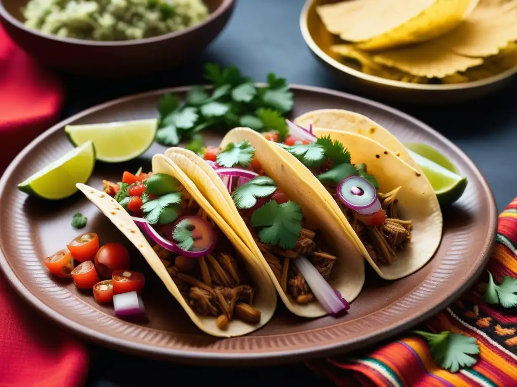 Un festín de tacos veganos con carnitas de jackfruit, cilantro fresco y salsa verde, en plato moderno sobre textiles mexicanos