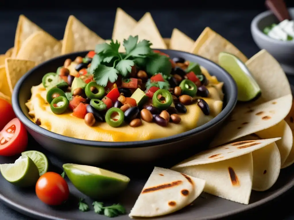 Un festín TexMex colorido con queso Monterrey Jack vegano derretido, ¡una delicia para los sentidos!