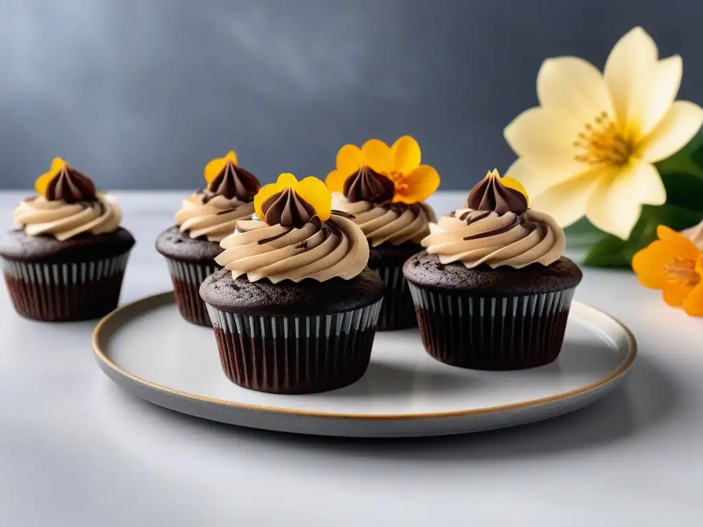 Un festín vegano sin aceite: cupcakes de chocolate, galletas de mantequilla de almendra y flores comestibles en un plato exquisitamente decorado