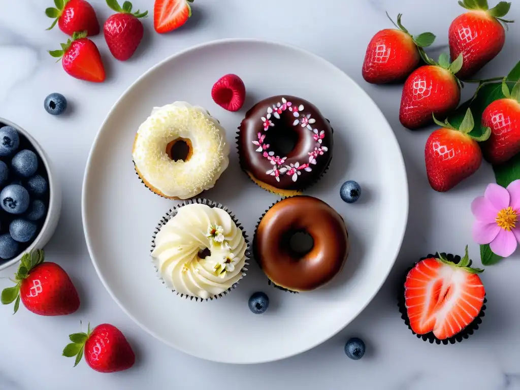 Un festín vegano sin aceite: donas, fresas con chocolate y cupcakes decorados con frutas y flores comestibles en un elegante ambiente de mármol