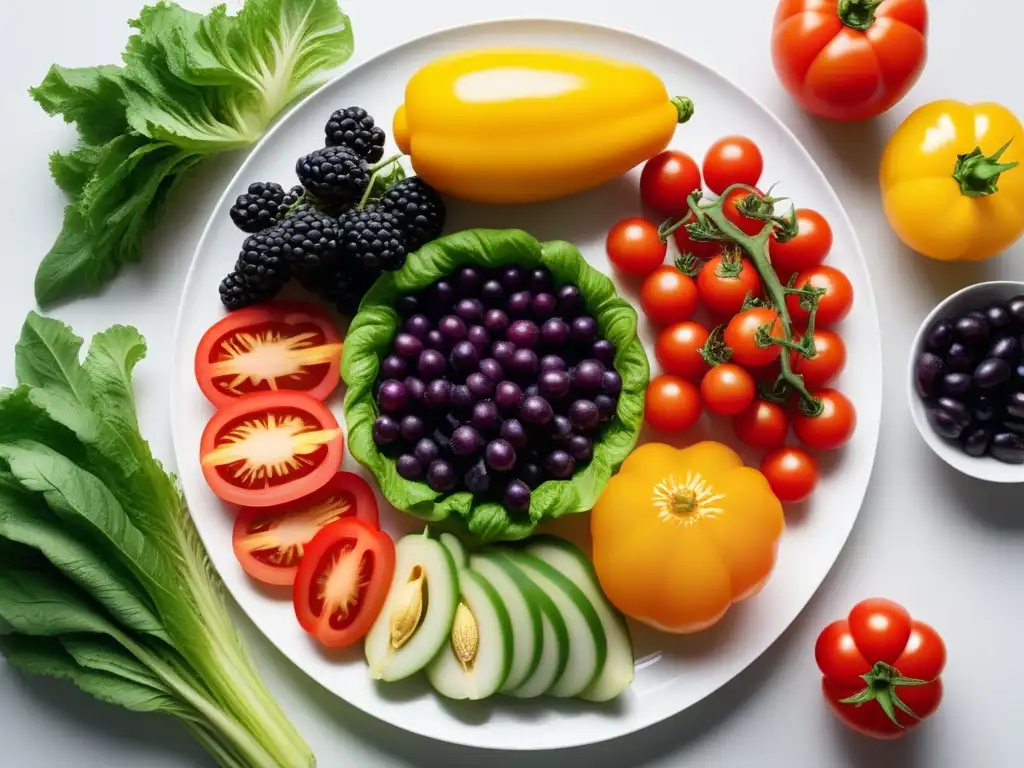 Un festín vegano sin aceite: vibrantes frutas y verduras en un plato blanco, organizadas en círculo