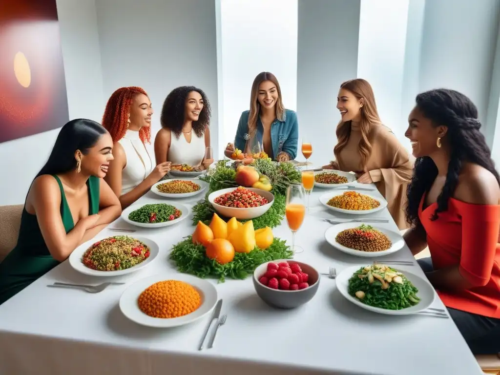 Un festín vegano para adolescentes: jóvenes felices disfrutan de deliciosos platillos coloridos en una mesa bellamente decorada