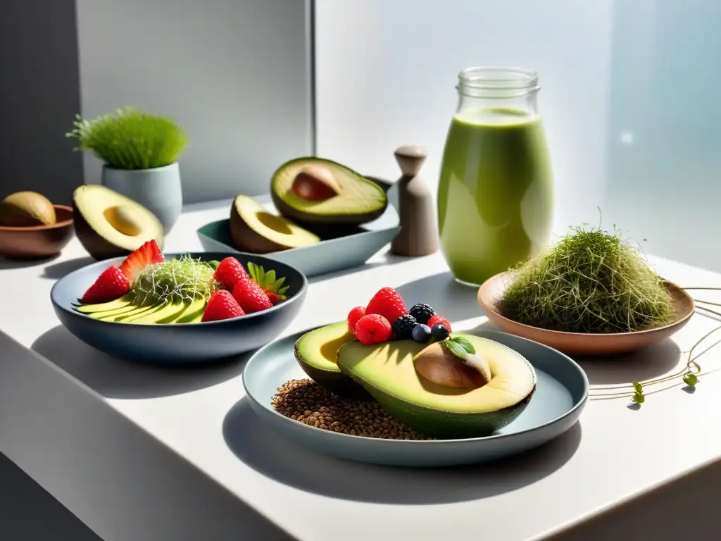 Un festín vegano con aguacate: desayuno colorido y fresco en una cocina moderna bañada por la luz del sol