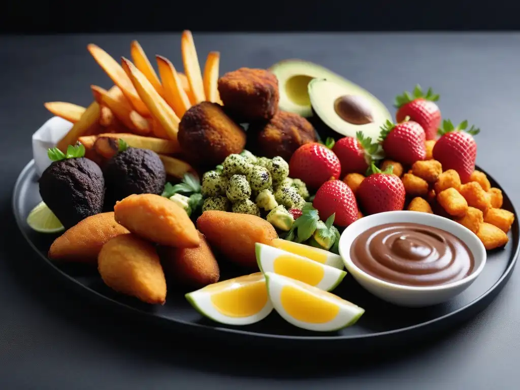 Un festín vegano de alto contraste en bandeja moderna: papas fritas, bocados de aguacate, alitas de coliflor y fresas bañadas en chocolate