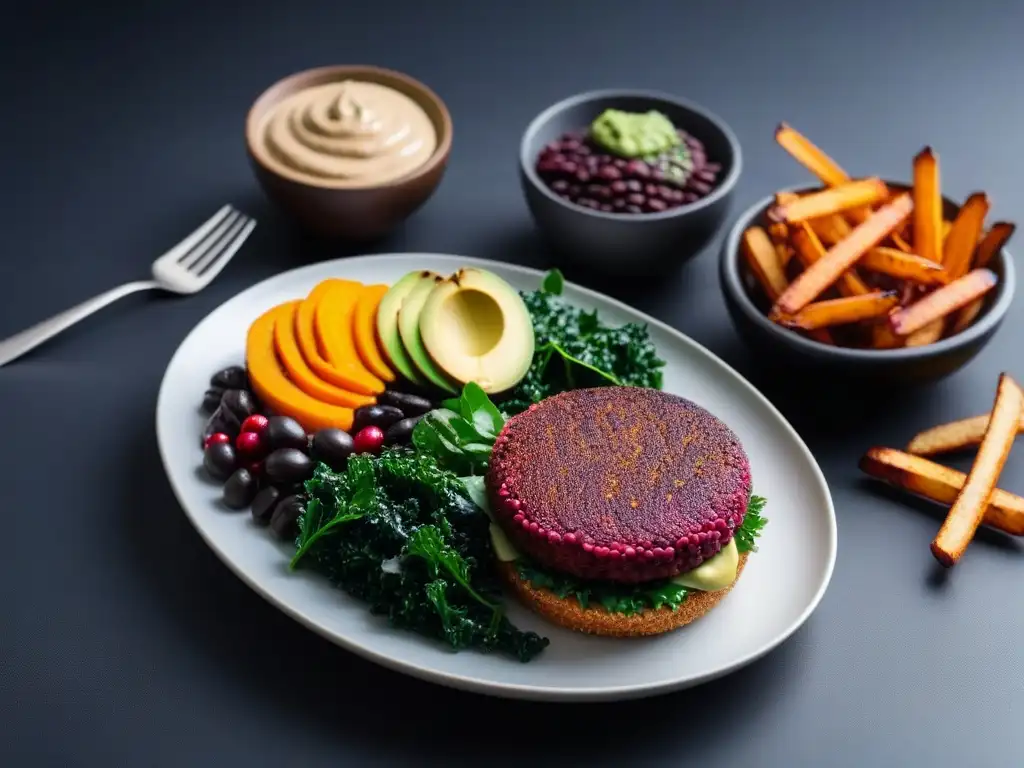 Un festín vegano americano vibrante y moderno, con platos coloridos en una mesa minimalista