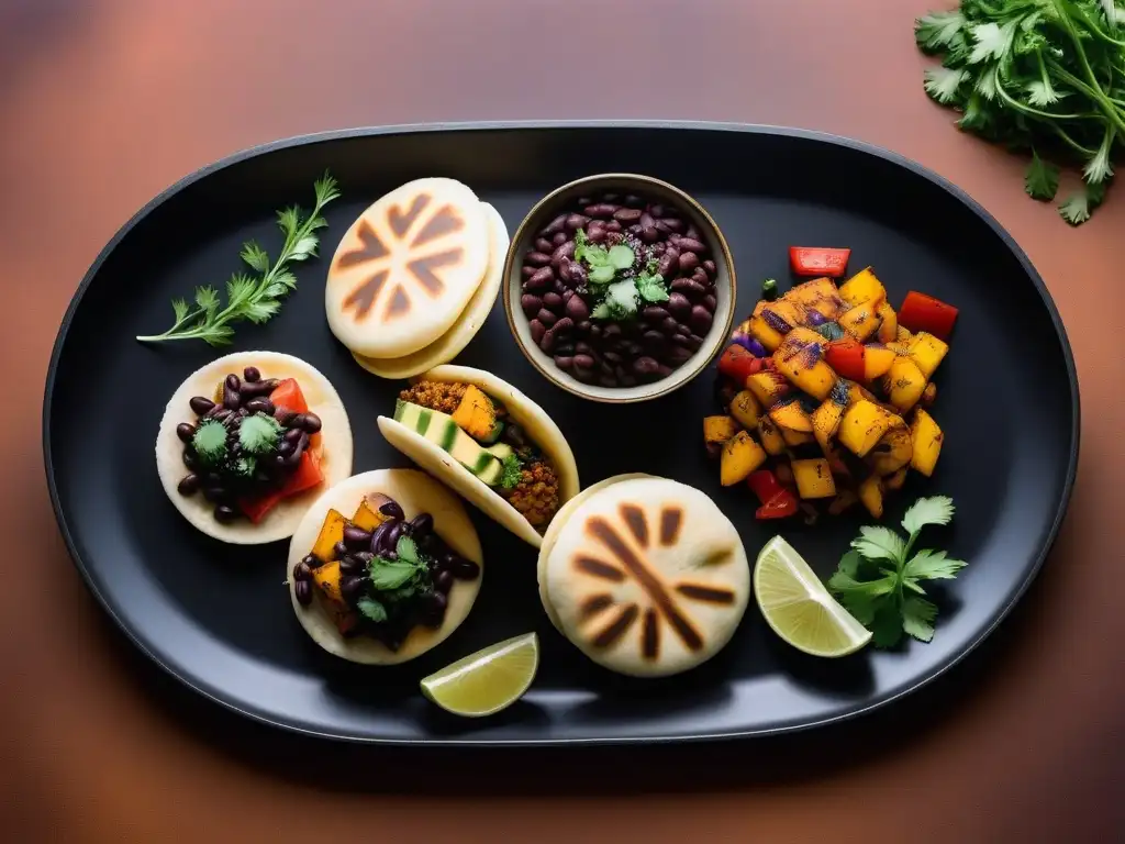 Un festín vegano de arepas rellenas, con ingredientes coloridos y deliciosos, presentado con elegancia en una tabla moderna