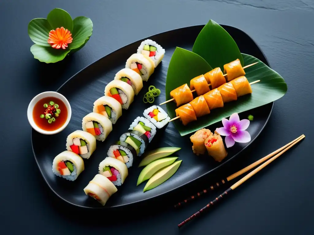 Un festín vegano asiático elegante y colorido con sushi, dumplings, rolls y brochetas de tofu, sobre pizarra