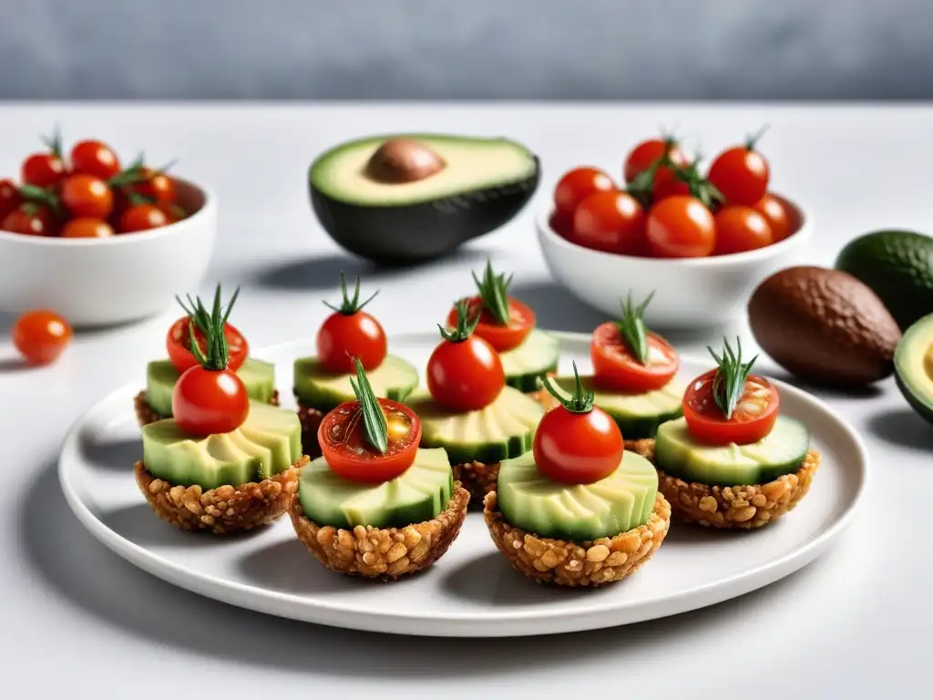 Un festín vegano: bocaditos coloridos de aguacate, pepino y bolitas energéticas, en plato blanco