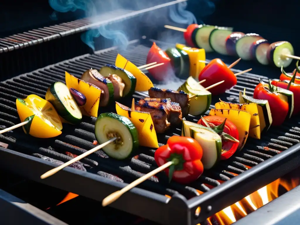 Un festín vegano: brochetas con verduras coloridas a la parrilla, expertamente cocinadas