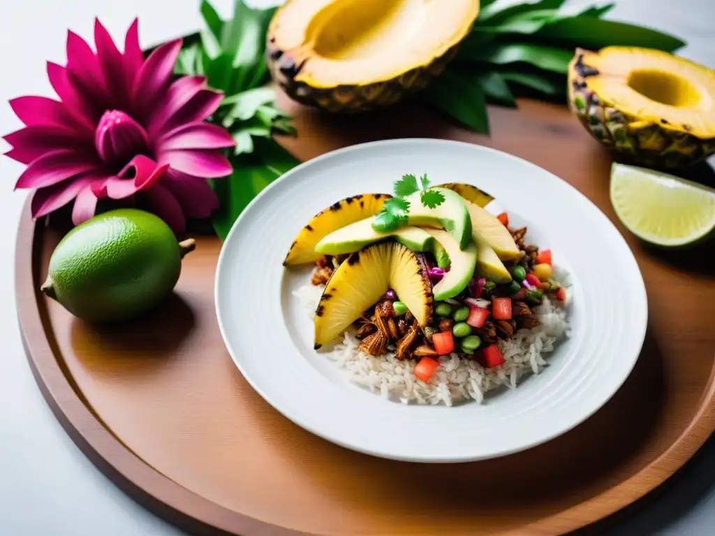 Un festín vegano caribeño sin carne: plátanos, tacos de 'cerdo' de jackfruit sazonado, arroz con coco y piña a la parrilla