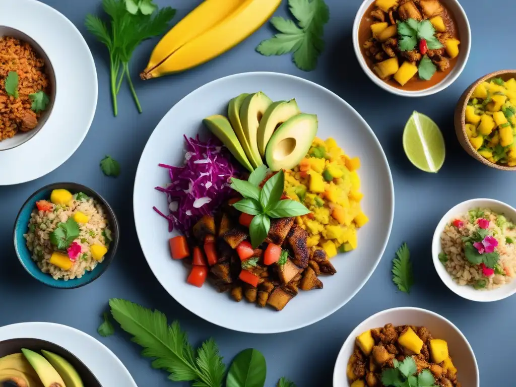 Un festín vegano caribeño sin carne: tacos de jackfruit, curry de coco, mangos, aguacate y piña en una mesa elegante y colorida