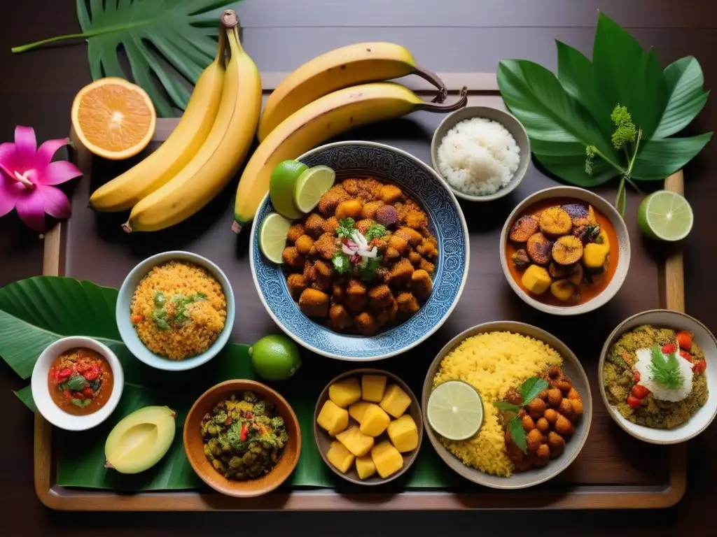 Un festín vegano caribeño mar y tierra: coloridos plátanos, frutas tropicales, curry y platillos de coco rodeados de exuberante vegetación y flores