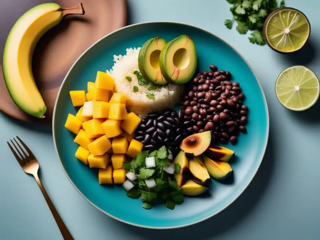 Un festín vegano caribeño en un plato moderno, destacando la frescura y colorido de los ingredientes