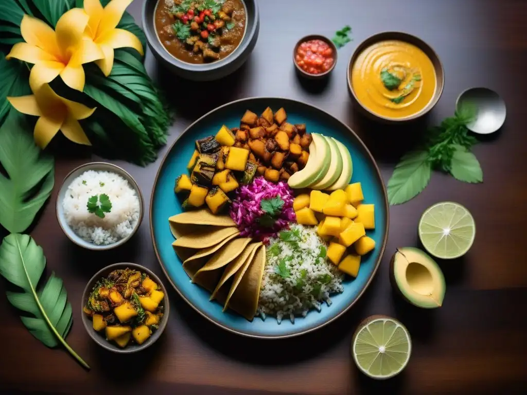 Un festín vegano caribeño vibrante y detallado en una mesa de madera, con platos coloridos como tacos de yaca al jerk, curry de coco con plátanos, estofado de callaloo y salsa de mango, decorado con flores tropicales, hierbas frescas y frutas exóticas