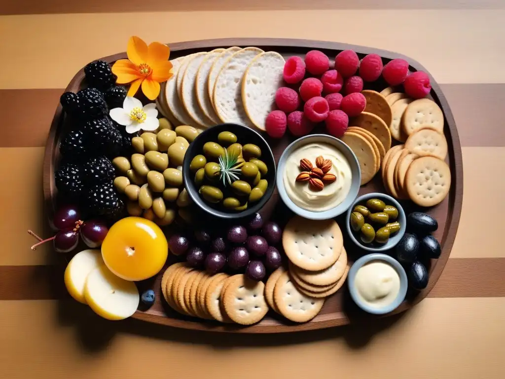 Un festín vegano cautivador: tabla de snacks con queso de anacardo, aceitunas, nueces, frutas, crackers y flores comestibles