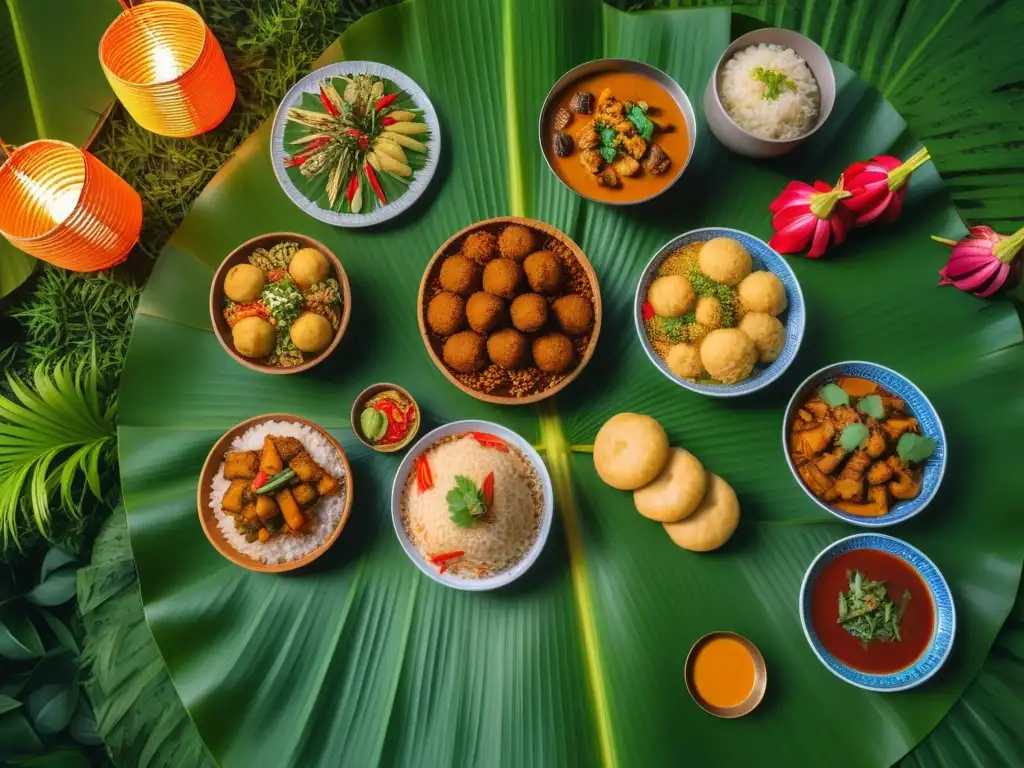 Delicioso banquete vegano en festiva celebración asiática Un festín vegano para celebraciones en Asia con platos coloridos y variados, en un ambiente festivo y multicultural