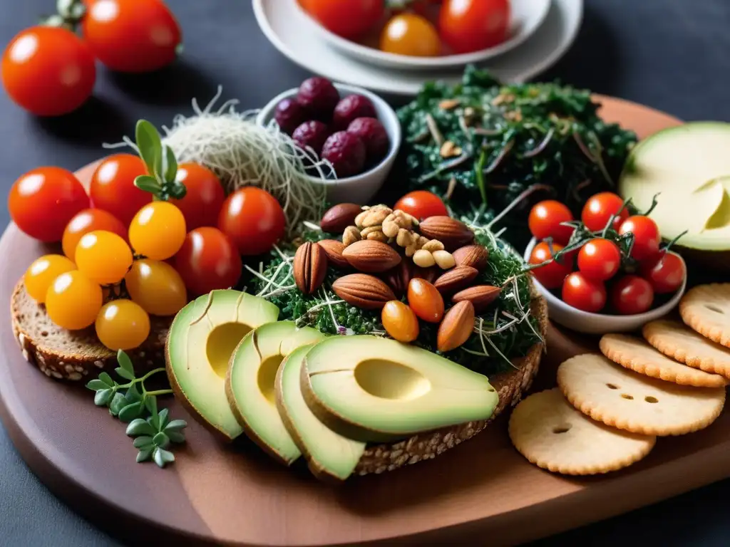 Un festín vegano colorido y apetitoso en tabla de madera