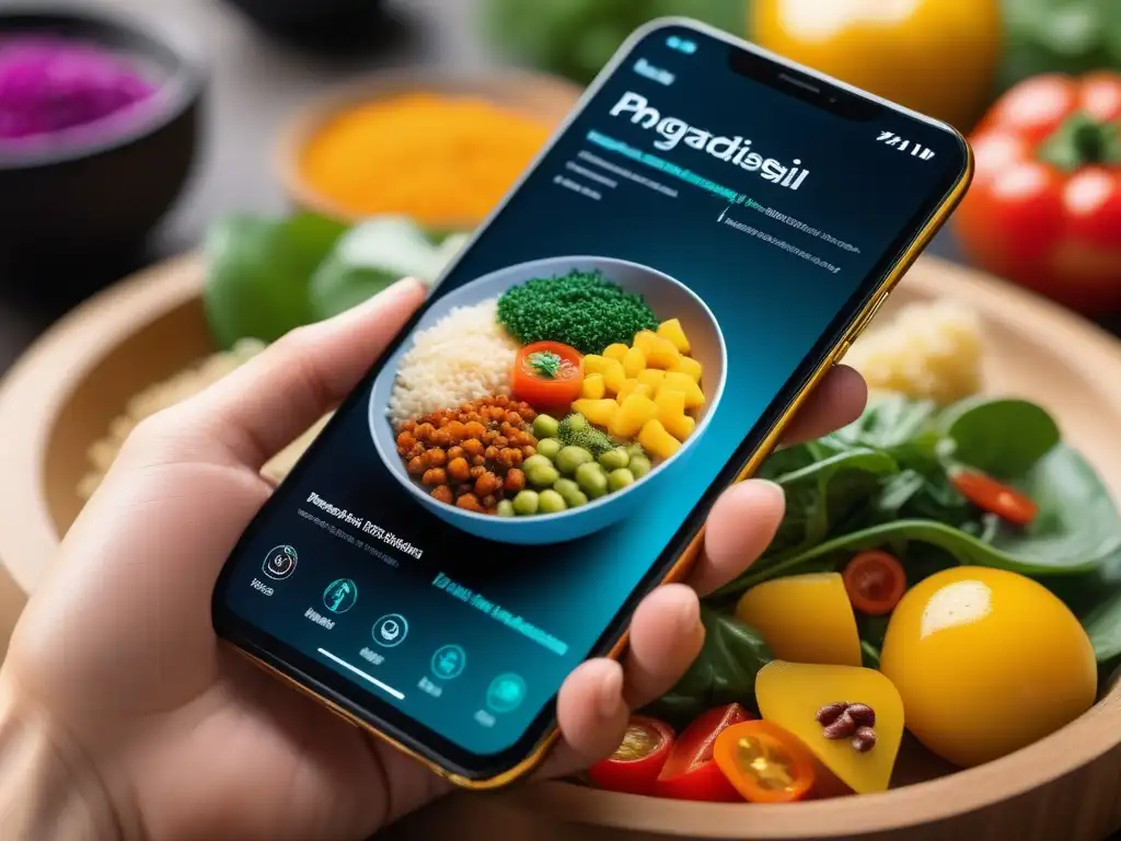 Un festín vegano colorido y creativo en una pantalla de smartphone futurista con apps para dieta vegana equilibrada