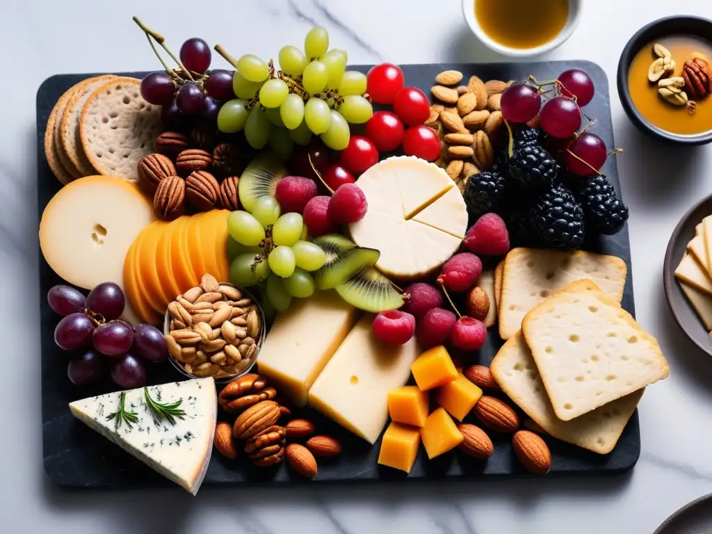 Un festín vegano colorido y detallado, con quesos, carnes, frutas y frutos secos en una elegante tabla de mármol