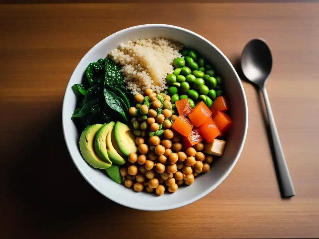 Un festín vegano colorido y equilibrado en un tazón, con quinua, garbanzos, tofu, edamame, aguacate y col rizada