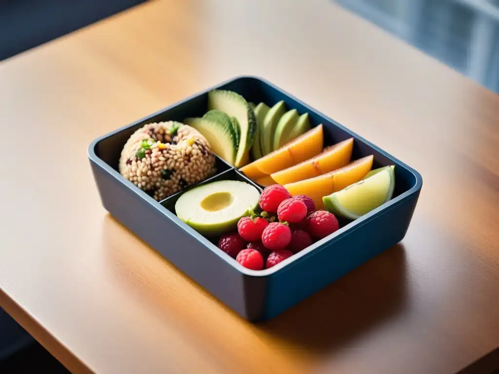 Un festín vegano colorido y fresco en una caja bento moderna, ideal para viajes