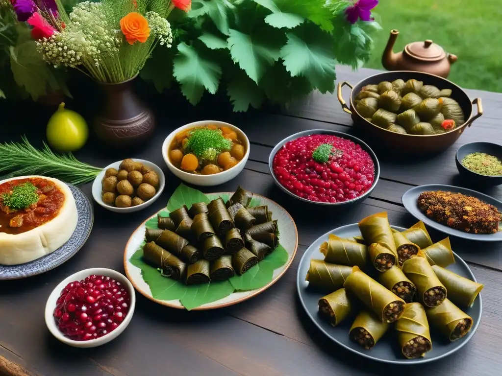 Un festín vegano colorido en mesa de madera rústica, con platos armenios y georgianos, en entorno natural