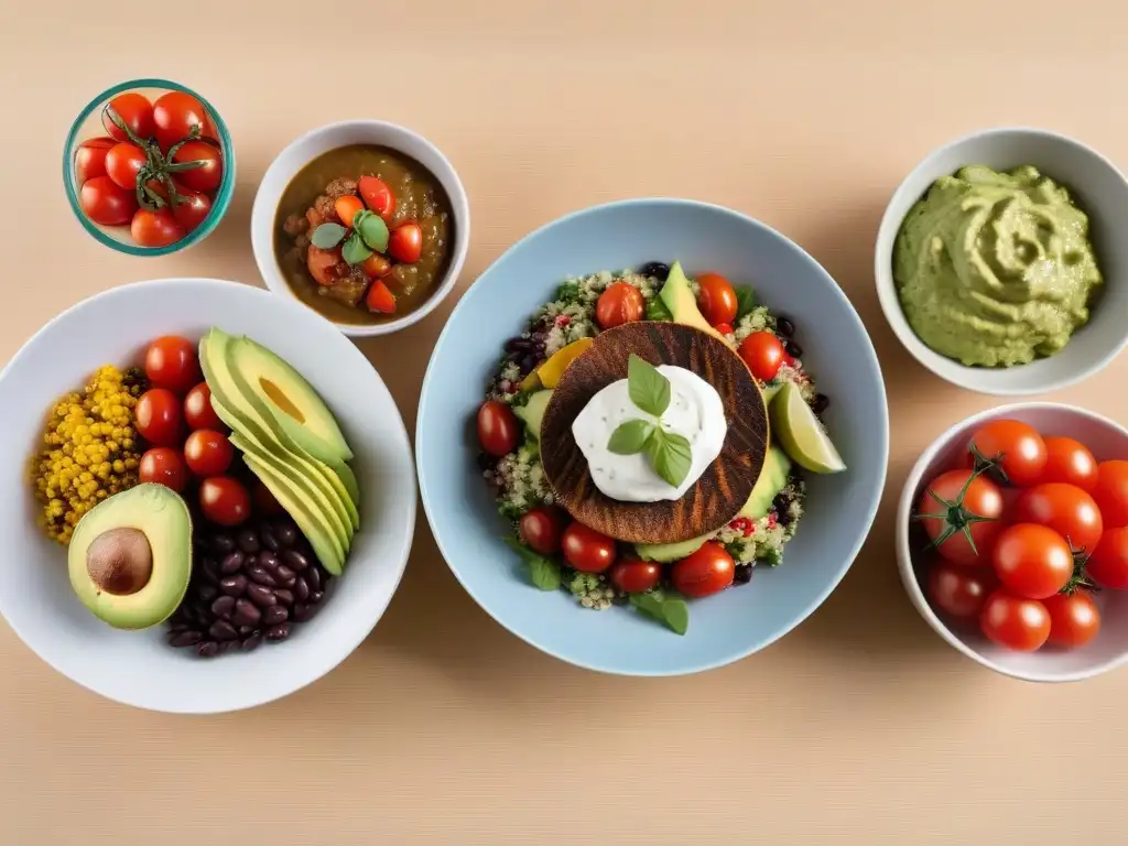 Un festín vegano colorido y moderno con recetas veganas almuerzo fácil en elegante vajilla blanca sobre mesa de madera