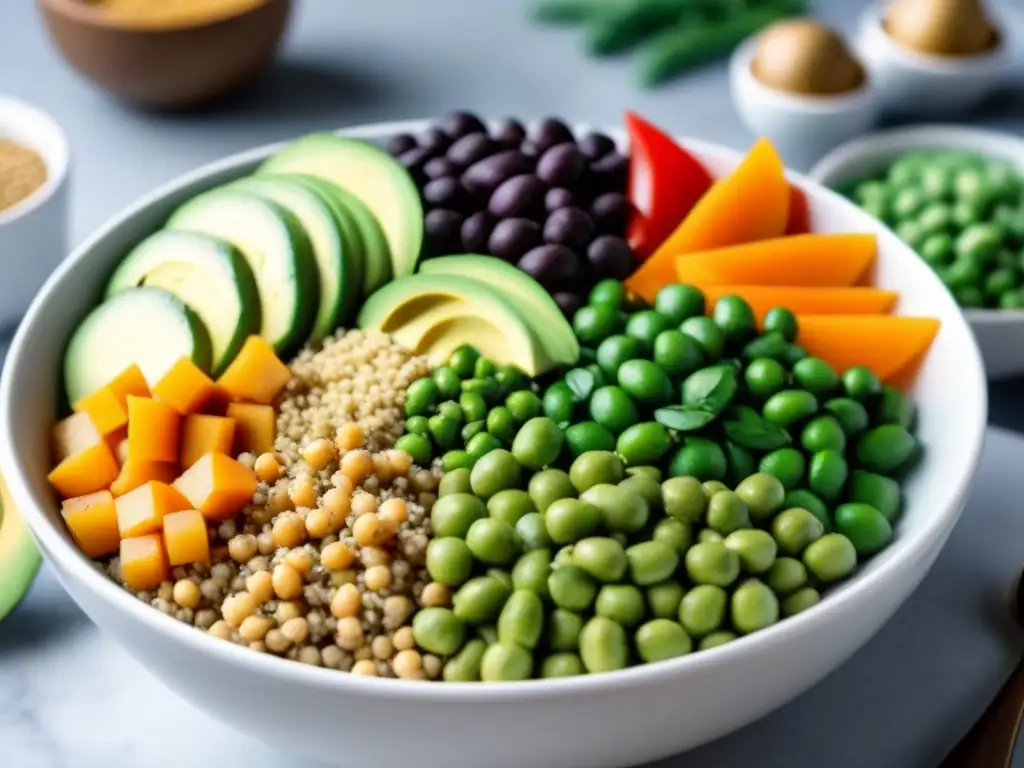 Un festín vegano colorido y moderno: un bowl Buddha repleto de fuentes de proteína vegetal rodeado de semillas en un elegante plato blanco